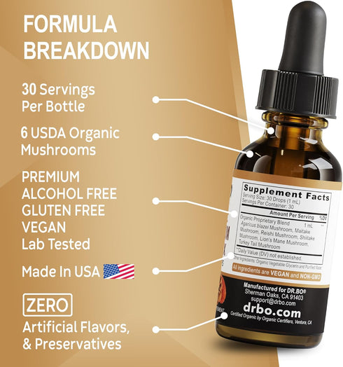 Organic Mushroom Complex Liquid Drops - Adaptogenic Mushroom Supplement with Lion's Mane, Reishi, Turkey Tail, 1oz