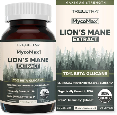 MycoMax Lions Mane Supplement, 60 Capsules - 70% Beta Glucans, Max Potency Organic Lions Mane Extract