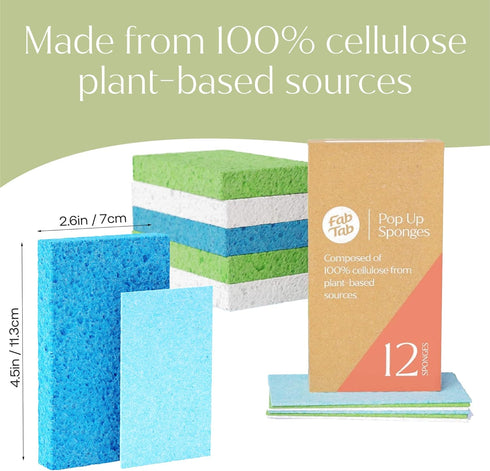 Plant-Based Pop-Up Sponges - Pack of 12 Cellulose Sponges Compressed Sponges - Highly Absorbant, for Cleaning Countertop, Kitchens, Bathrooms, Quick Drying - Assorted Colors - Non Scratch