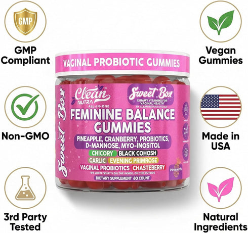 Gummies 60ct Clean Nutra Feminine Balance for Women Pineapple VaginalProbiotics pH Balance Cranberry D Mannose
