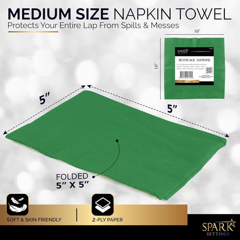 100 Pack Green Beverage Napkins - Big Party Pack, 2 Ply, Ideal for Wedding, Party, Birthday, Dinner, Lunch, Cocktails