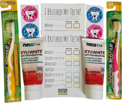 MOUTHWATCHERS Dr Plotkas Extra Soft Kids Toothbrush, Manual Flossing Toothbrushes Gift Set, 2 Childrens Toothbrushes
