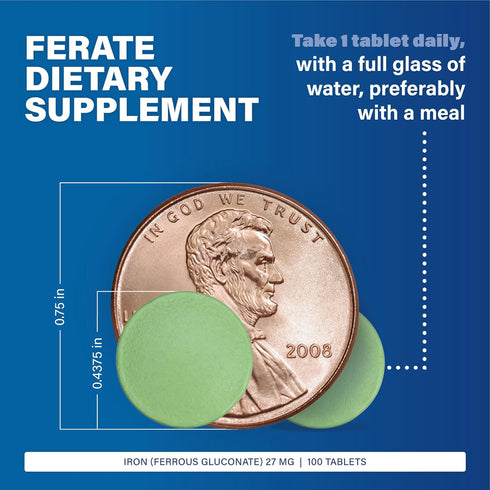 Major 27 mg Ferate Tabs - Ferrous Gluconate Elemental Iron Dietary Supplement, 100 Count