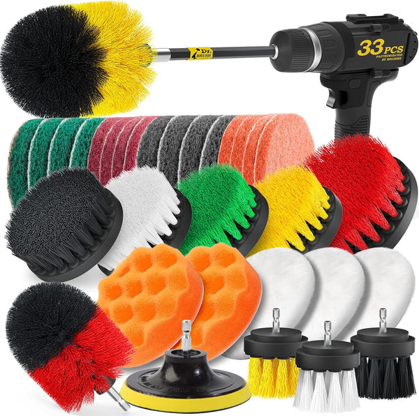Holikme 33piece Drill Brush Attachments Set - Power Scrubber Brush with Rotate Extend Long Attachment for Cleaning