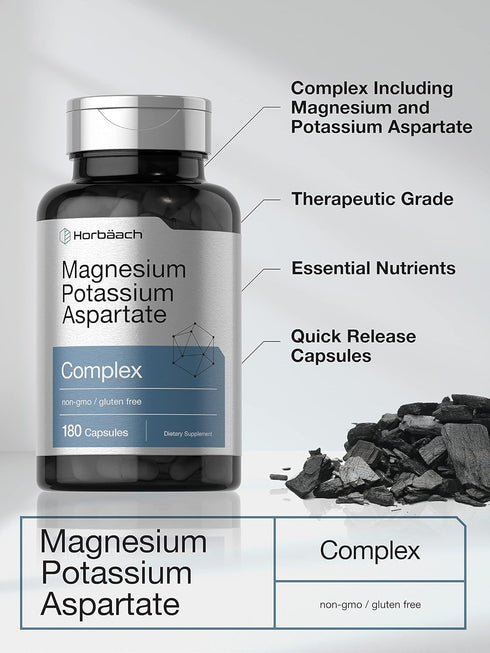 Horbaach Magnesium Potassium Aspartate Complex, 180 Capsules, Non-GMO and Gluten Free