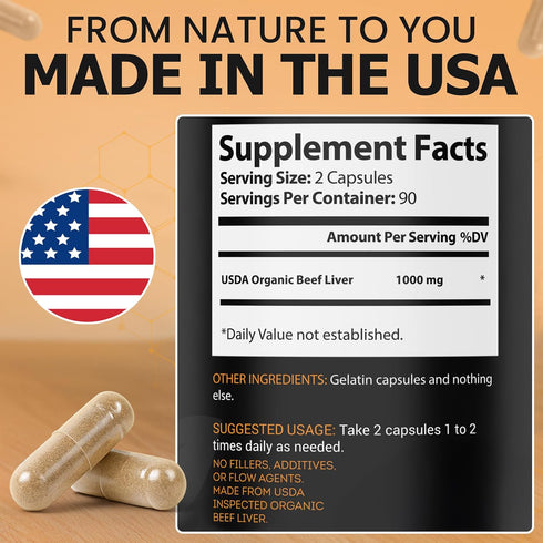Ion Supplements LLC 100% (180 Organic Grass Fed Beef Liver Capsules Caps) - Pasture Raised - Iron, Vitamin A, B