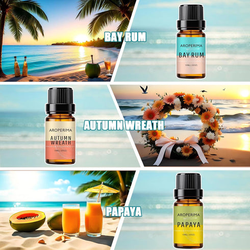 Set 6x10ML Beach Fragrance Essential Oil - Ocean Breeze, Bay Rum, Pineapple, Autumn Wreath, Mango, Papaya Essential Oil