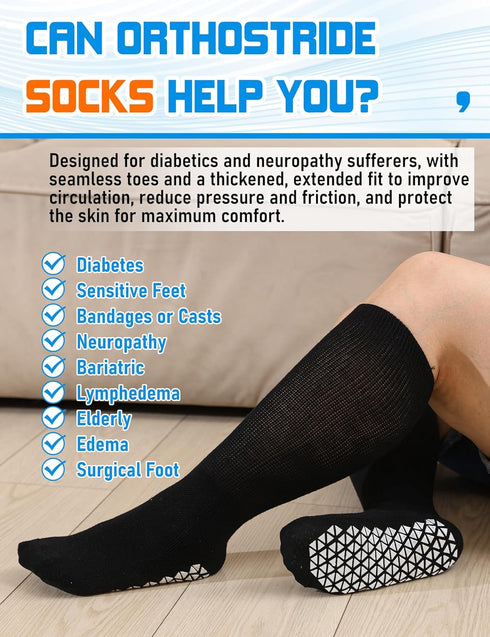 Orthostride Hospital-2 Wide Diabetic Socks for Men Women, Non Slip Grip Extra Long Edema Sock with Thickened Sole