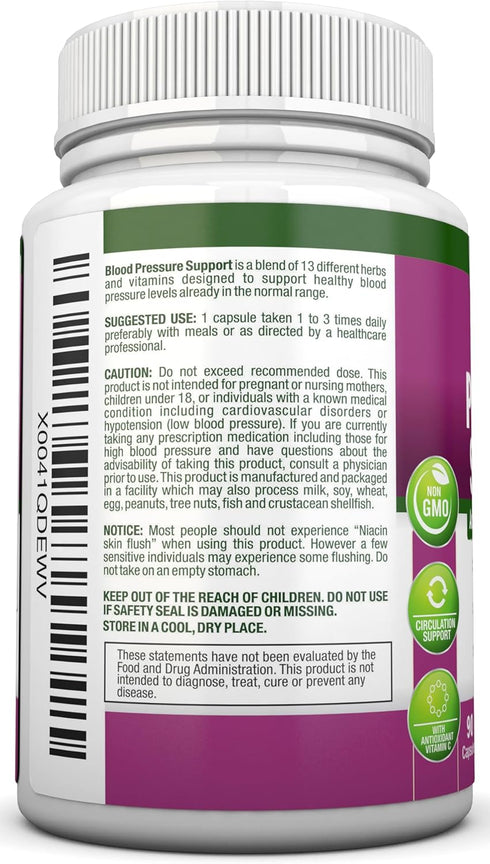 Blood Pressure Support Supplement - 13 Herbs & Vitamins with Hawthorn, Hibiscus, Garlic & Olive Leaf Extract - Non-GMO