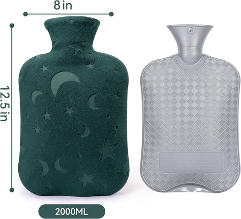 Hot Water Bottle with Soft Cover, 2L for Menstrual Cramps, Neck and Shoulder Pain Relief, Green