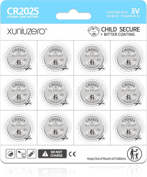 XUNIUZERO 12-Pack CR2025 Lithium Coin Cell Battery, 3 Volt, for Child Safety, Compatible