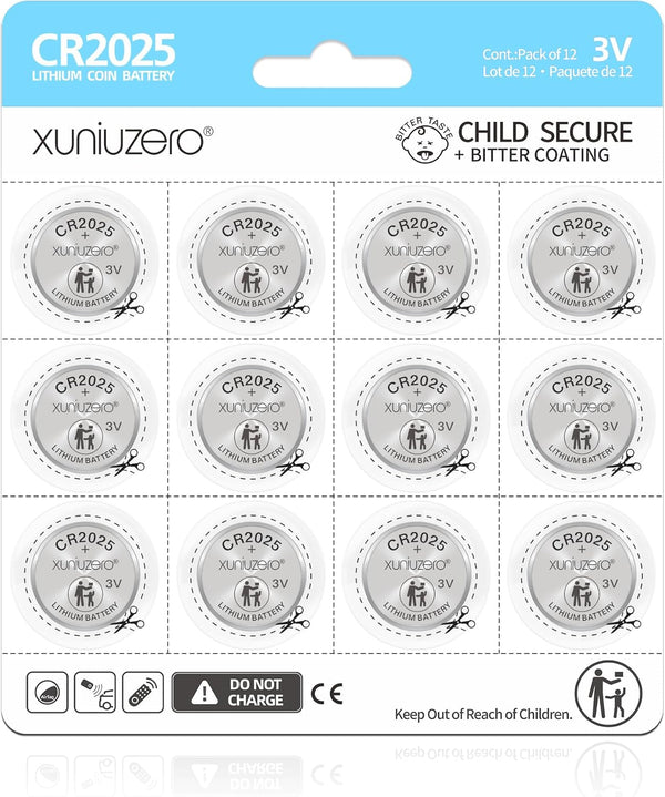 XUNIUZERO 12-Pack CR2025 Lithium Coin Cell Battery, 3 Volt, for Child Safety, Compatible