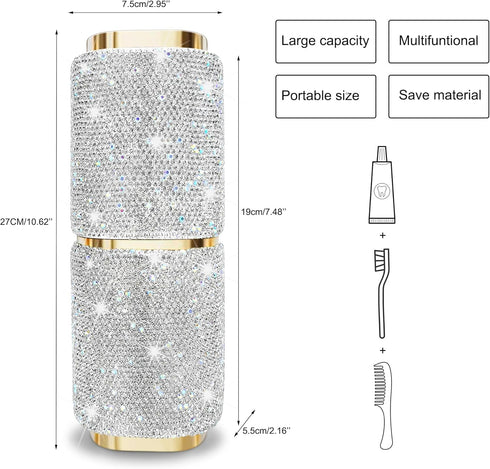 Bling Rhinestone Toothbrush Travel Case, Portable Diamond Holder, Large Capacity, Multifunctional Storage