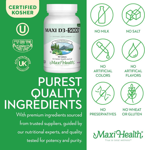 Maxi Health Vitamin D3 5000 IU (125 mcg), 90 Tablets - High Dose Vitamin D for Healthy Bones, Teeth, Immune Support