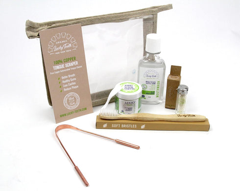 Lucky Teeth Oral Care Travel Kit Essentials in a Hemp Bag- Organic Remineralizing Toothpaste,