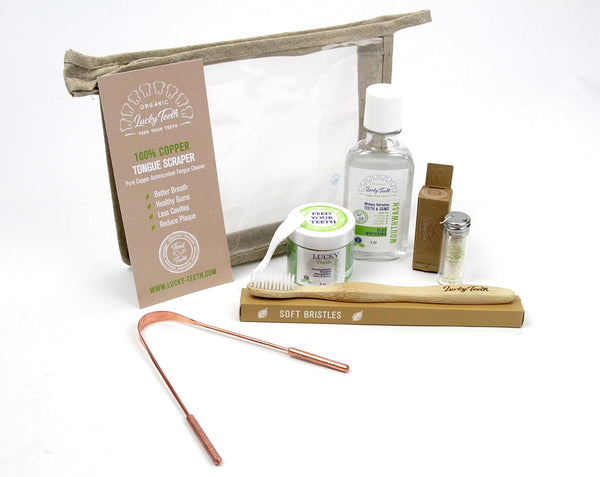 Lucky Teeth Oral Care Travel Kit Essentials in a Hemp Bag- Organic Remineralizing Toothpaste,