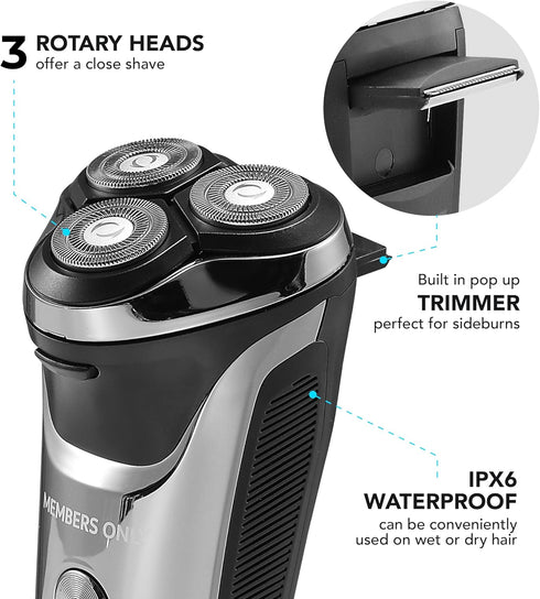 MEMBERS ONLY Electric Razor for Men, Lithium Metallic Cordless Rotary Shaver with 3 Heads, Precision Trimming, IPX6