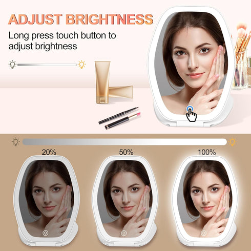 Travel Makeup Mirror with Light, 3 Color Lighting Portable Mirror, Touch Screen Rechargeable LED Lights Vanity - White