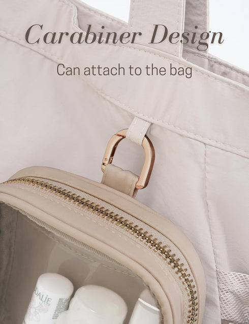 Mini Sandy Clear Makeup Bag Transparent Toiletry Bags with Carabiner Attachable Pouch Cute Cosmetic Bag with Interior Pocket and ring Makeup Organizer Small Clear Clip-on Pocket