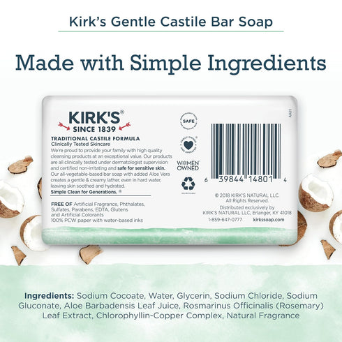 Kirk's Natural Original Coco Castile Soap with Aloe Vera, Pack of 3