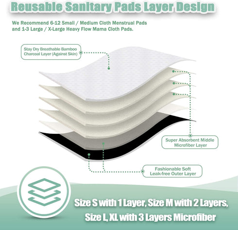 wegreeco Reusable Menstrual Pads, 6 Pack Soft Cloth Sanitary Pads with 1 Cloth Mini Wet Bag (Small, Black)
