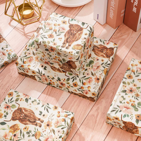 AnyDesign Boho Floral Highland Cow Tissue Paper, 100 Sheet Watercolor Flower Art Tissue for DIY Crafts Gift Packing