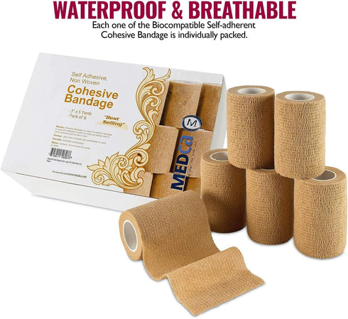 Self Adherent Wrap - Bulk Pack of 6, Athletic Tape Rolls for Ankle Sprains & Swelling
