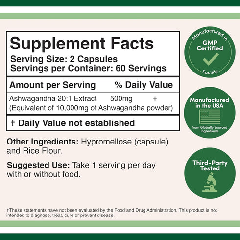 Ashwagandha Capsules, 120 Count (500mg Extract 20:1 Potency, Equivalent to 10,000mg Powder) Adaptogen Stress Relief by Double Wood