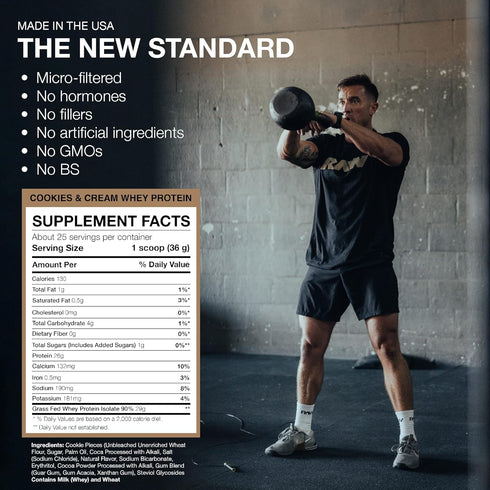 RAW Whey Isolate Protein Powder - Cookies N Cream, 100% Grass-Fed Sports Nutrition Protein Powder for Muscle Growth &