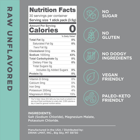 LMNT Zero Sugar Electrolytes - Raw Unflavored Salt Drink Mix, 30-Count