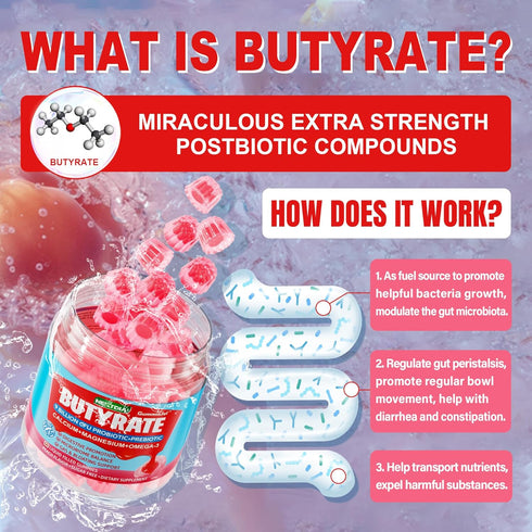Butyrate Gummies with Probiotic + Prebiotic + Postbiotic - 9 Billion CFU for Digestive Health and Bloating Support