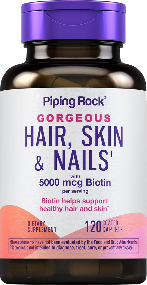 Piping Rock Hair Skin and Nails Vitamins | 120 Caplet Pills | 3000 mcg Biotin with Collagen, Non-GMO