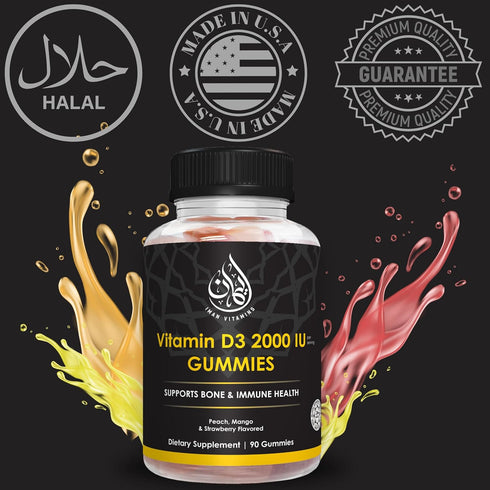 Halal Vitamin D3 Gummies for Adults, 1000IU - 2000IU - Supports Bone, Immunity, Heart Health - 45-90 Servings