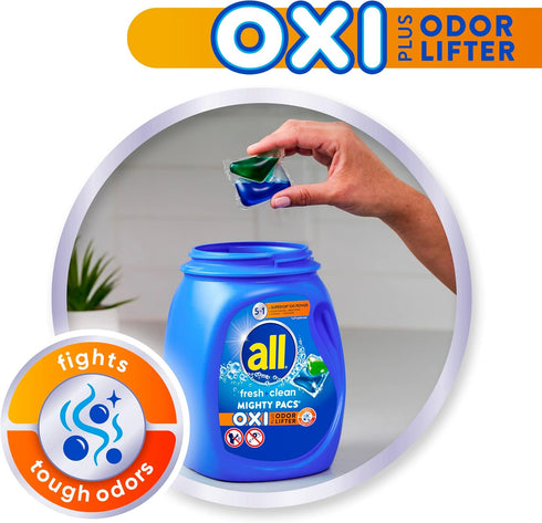 all Laundry Detergent Pacs, Fresh Clean Oxi plus Odor Lifter, 60 Count (Packaging May Vary)