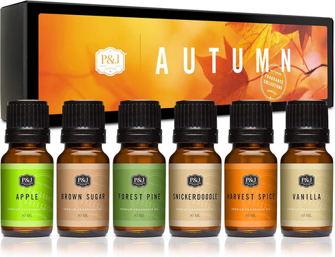P&J Fragrance Oil Autumn Set, Brown Sugar, Apple, Harvest Spice, Vanilla, Forest Pine, Snickerdoodle
