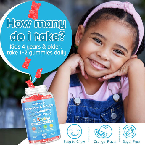 Sugar Free Phosphatidylserine Supplement 100mg, Kids Brain Gummies with Vitamin D3, C for Focus & Memory, 120 Cts