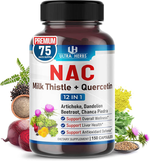 NAC Supplement N-Aetyl Cysteine Enriched with Milk Thistle, Quercetin - Support Immunity,