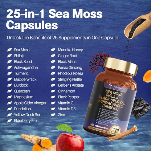 25-in-1 Sea Moss Black Seed Oil Ashwagandha Ginger Shilajit Supplement 18525mg, Sea Moss Capsules with Bladder Burdock Ceylon Cinnamon Berberine ACV Manuka Vit C&D3 for Immune, Gut & Energy, 120 Caps
