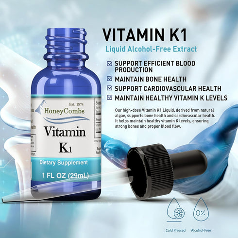HoneyCombs Vitamin K1 Liquid Drops, High Potency for Bone Health, 1 Fl oz