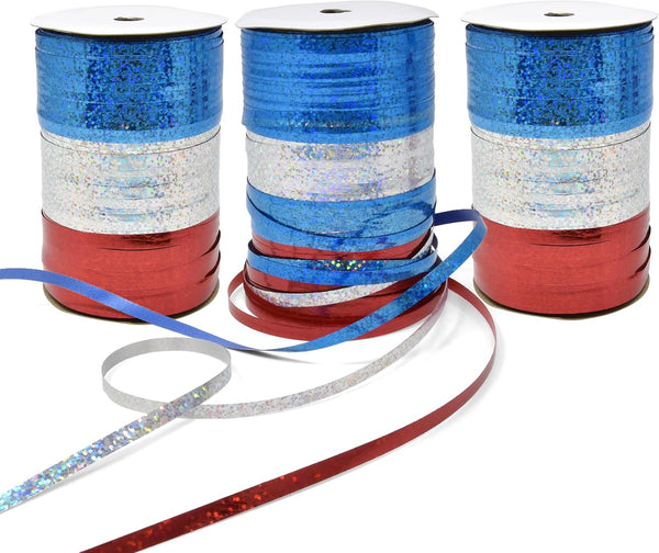 Patriotic Metallic Curling Ribbon Pack of 3, Red, Blue & Silver, 350 Yards Per Roll for 4th of July Gift Wrapping