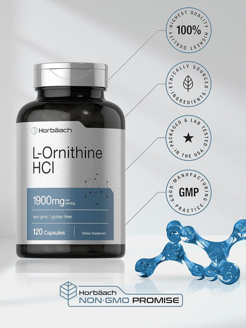 Horbaeach L Ornithine HCl - 1900mg - 120 Capsules Non-GMO & Gluten Free Supplement