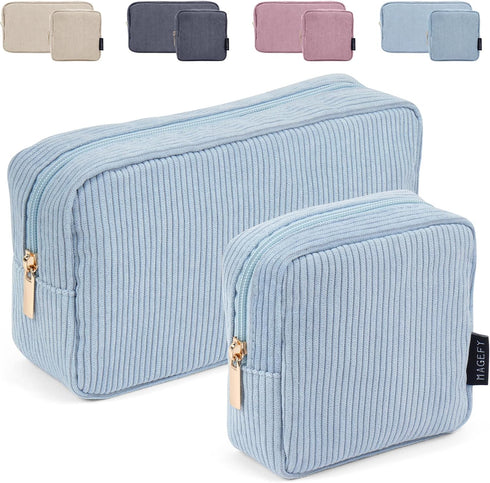 MAGEFY Makeup Bag for Purse, 2 Pcs Corduroy Cosmetic Bag for Girls, Small Travel Pouch with Zipper (Blue)