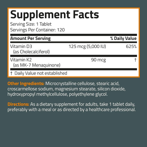 Bronson Basics Vitamin K2 D3 (MK7) Supplement, 5000IU (125 mcg) Vitamin D3 & 90 mcg Vitamin K2 MK-7, 120 Tablets