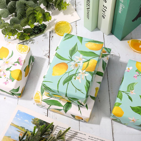 Generic AnyDesign 12 Sheets Summer Lemon Wrapping Paper, Watercolor Lemon Flowers Gift Wrap Paper for Summer Birthday