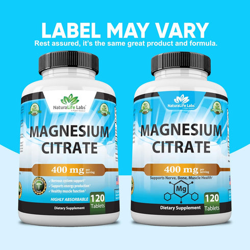 Magnesium Citrate 400 mg - Essential Mineral for Heart, Muscle, & Digestion Support - Non-GMO - 120 Tablets High Potency