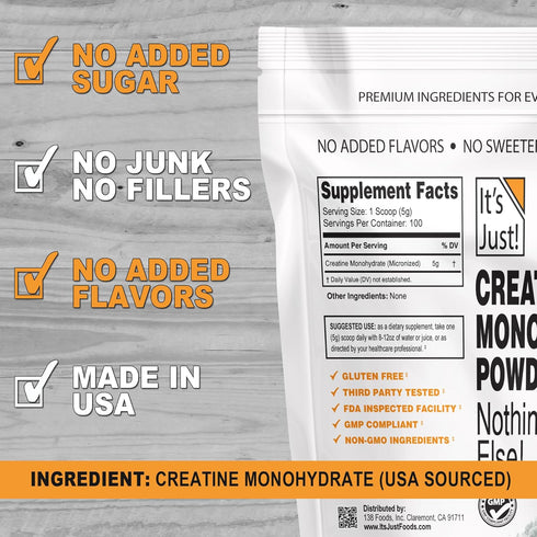 It's Just! Creatine Monohydrate Powder, Pure Creatine Powder, Made in USA, 5g Per Serving, No Fillers, Unflavored (500g