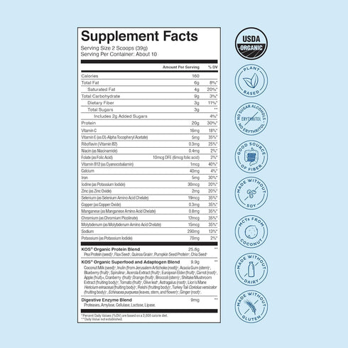 KOS Plant Based Protein Powder - Blueberry Muffin, Organic Pea Protein Superfood, Vegan Meal Replacement, 10 Servings