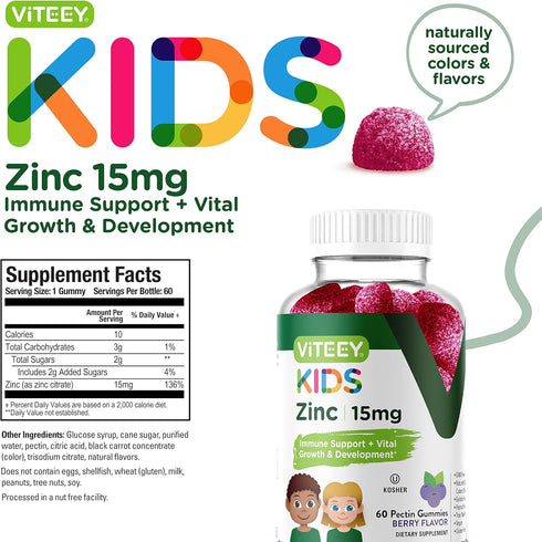 Zinc for Kids Gummies, 15mg, Immune Support for Kids & Teens, Vegan, Gelatin Free, Gluten Free, Tasty Berry Flavor