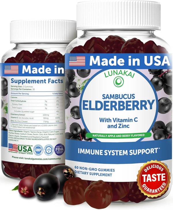 Lunakai USA Made Black Sambucus Elderberry Gummies for Adults & Kids with Vitamin C & Zinc, 60 Gummies