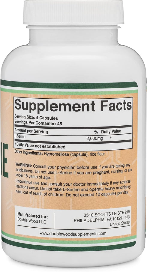L-Serine Capsules, 2000mg Servings, 180 Count - Amino Acid for Serotonin Production & Brain Support, Third Party Tested